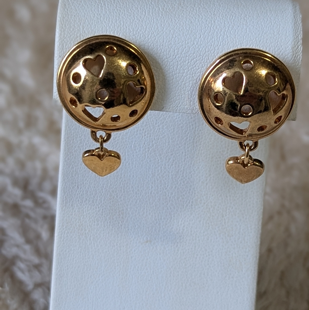 Vintage Goldtone Button with Heart Drop Accent Pierced Earrings - Picture 4 of 6